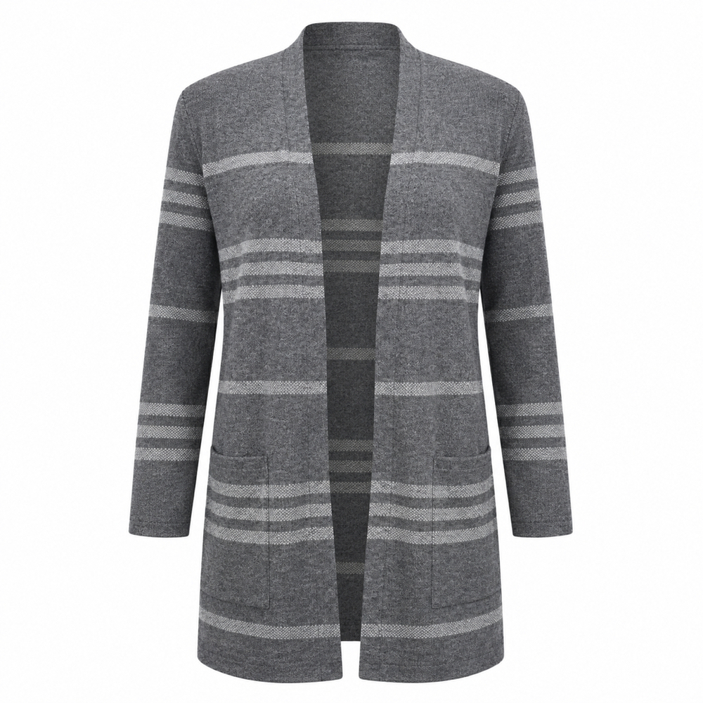 Active USA Womens M Gray Striped Long Open Front Cardigan Sweater  Pockets
